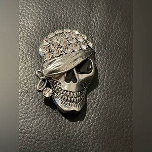 Crystal-Embellished Silver Skull Brooch